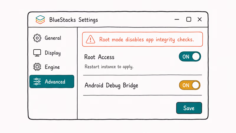 BlueStacks Settings Advanced tab showing Root Access toggle on with restart instance note and warning banner.