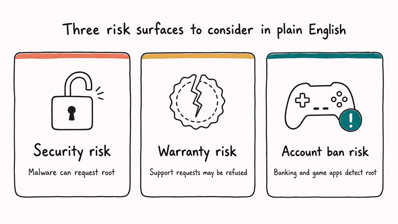 Three card panel listing security warranty and account ban risks of using rooted BlueStacks emulator.