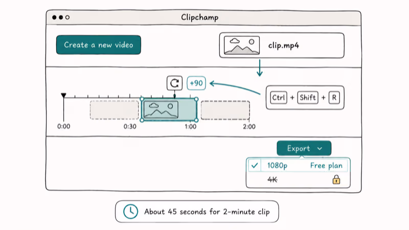 Clipchamp editor showing timeline rotate shortcut and 1080p free plan export cap