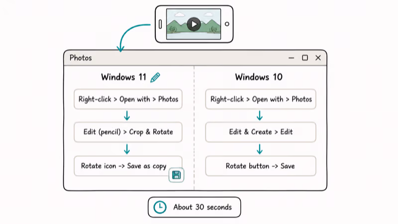 Photos app window showing Windows 11 and Windows 10 rotation paths with save-as-copy step