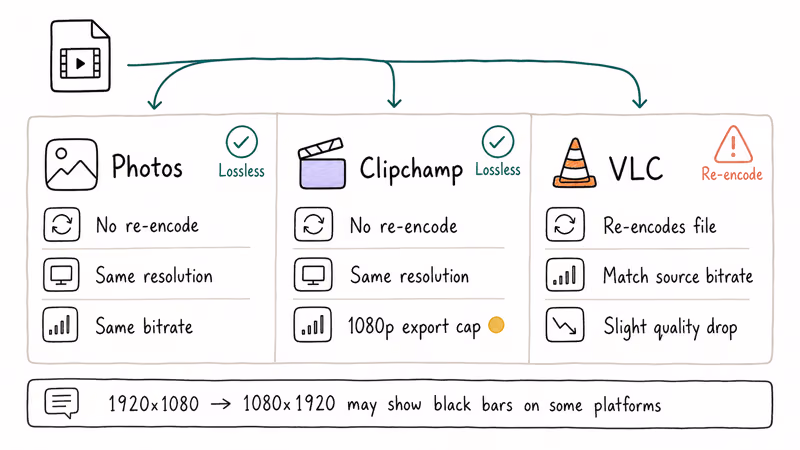 Comparison of Photos Clipchamp and VLC showing which tools re-encode versus preserve video quality