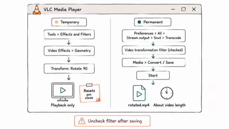 VLC window comparing temporary preview rotation with permanent convert and save export steps