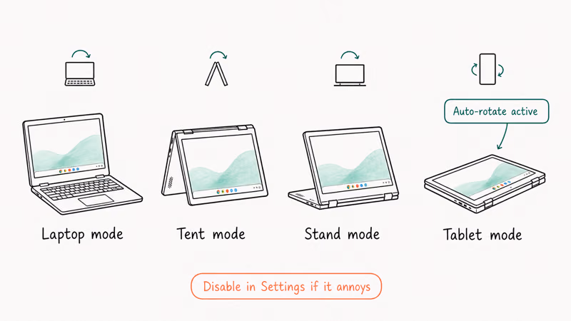 Convertible Chromebook in four modes laptop tent stand and tablet with auto-rotate active
