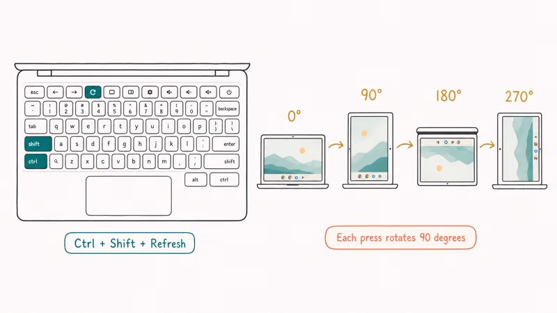 Chromebook keyboard with Ctrl Shift Refresh keys highlighted and screen rotation cycle diagram