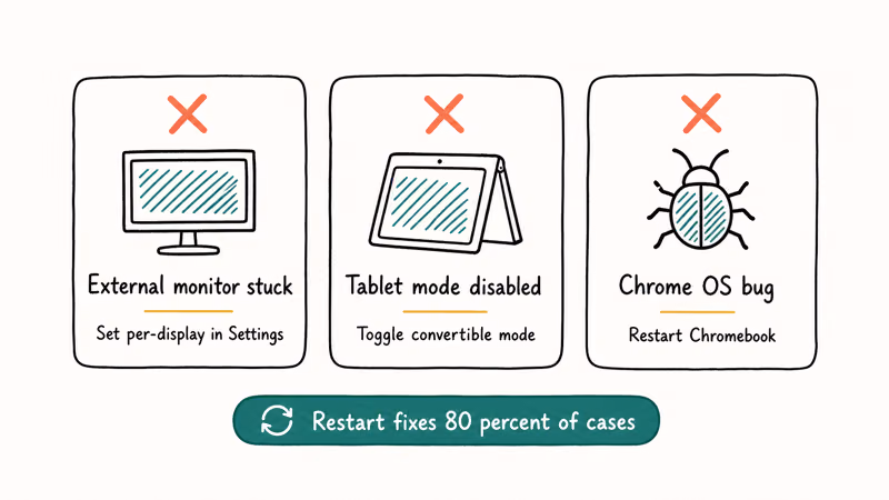 Three Chromebook rotation failure cards external monitor tablet mode and Chrome OS bug with fixes