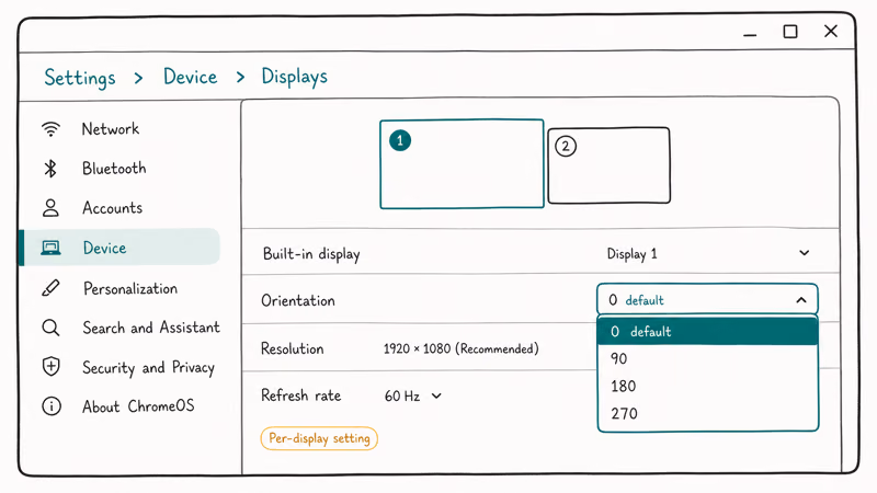 Chromebook Settings Device Displays panel with Orientation dropdown open showing rotation options
