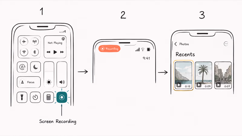 Three step flow of iPhone Control Center screen recording toggle red status pill and saved video in Photos