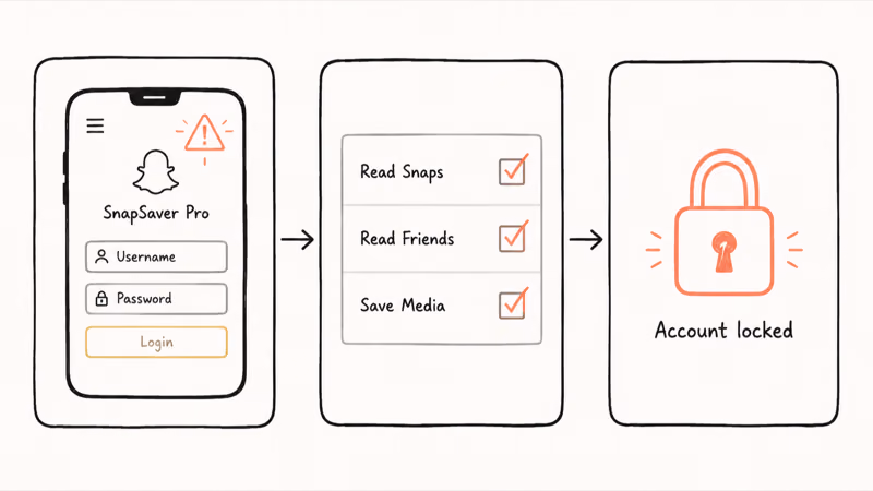 Flow diagram of third party saver app showing credential entry permission overreach and locked Snapchat account warning