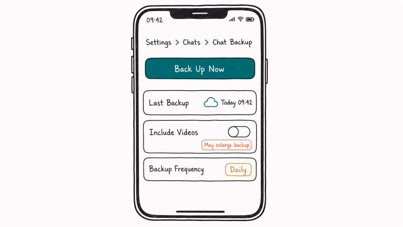 WhatsApp Chat Backup screen on iPhone showing Back Up Now button last backup date and daily frequency setting.