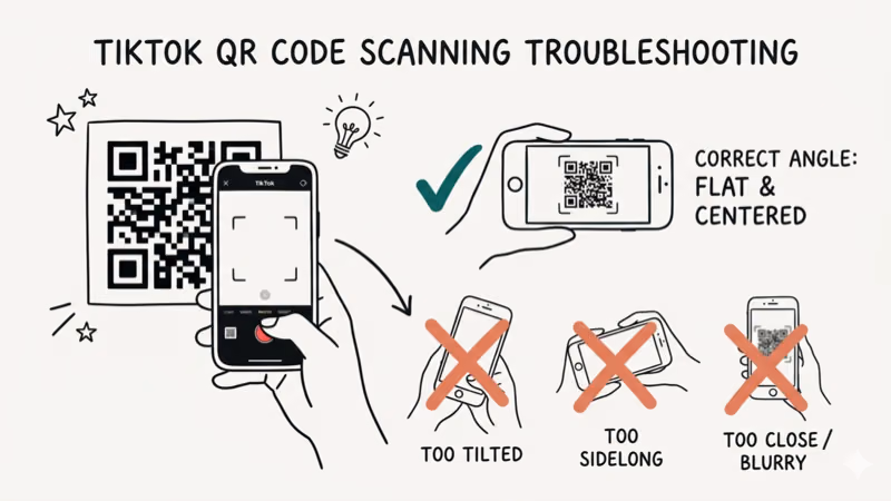 Smartphone held correctly versus at wrong angle scanning a TikTok QR code with checkmarks and X marks