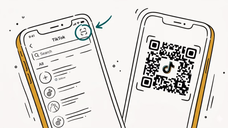 TikTok search screen with scan icon highlighted in top-right corner pointed at a TikCode QR code