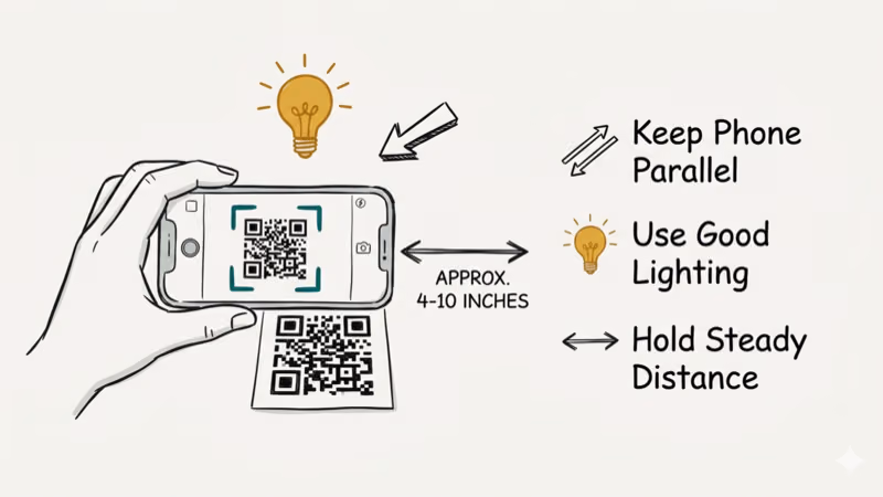 Smartphone held parallel to QR code in bright lighting with distance arrows showing 6 to 12 inches ideal range