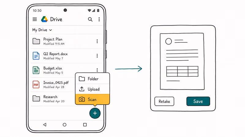 Google Drive Android plus button revealing Scan option with preview Retake and Save controls visible.