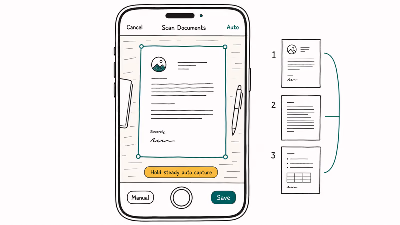 iPhone Notes scanner camera view detecting page edges with auto capture badge and stacked page thumbnails.