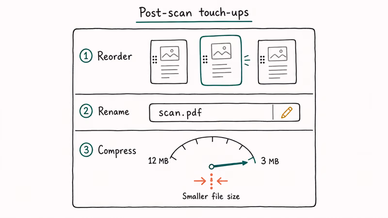Three row workflow showing page reorder drag rename pencil and compression dial reducing PDF file size.