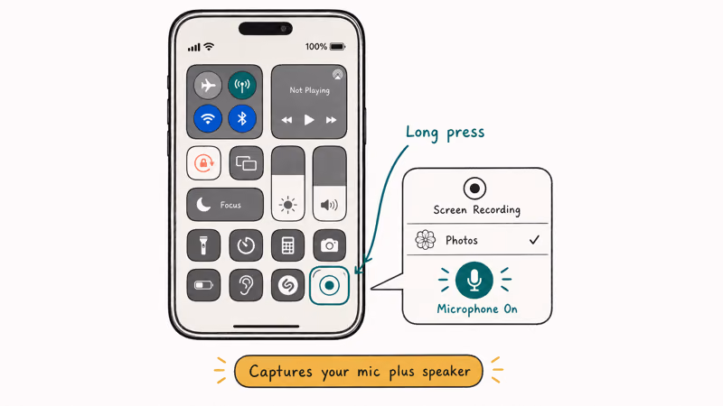iPhone Control Center long press screen record icon with microphone toggle on highlighted teal