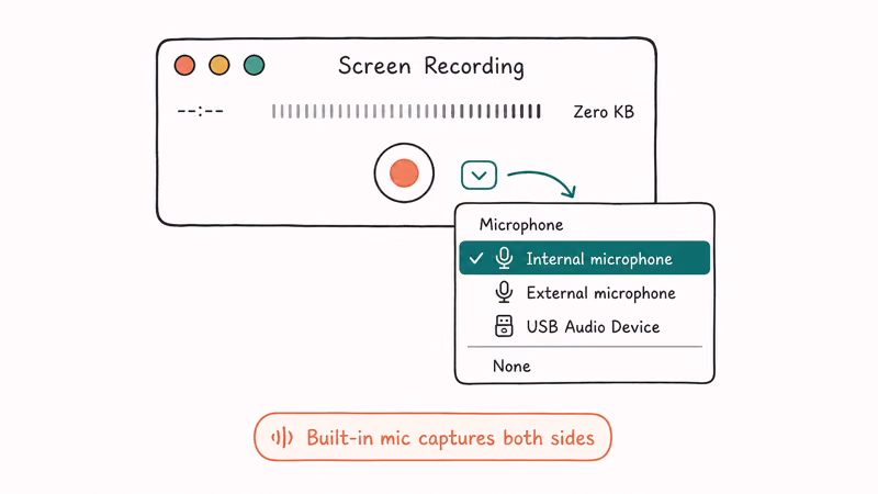QuickTime Player Screen Recording arrow dropdown with internal microphone audio source highlighted