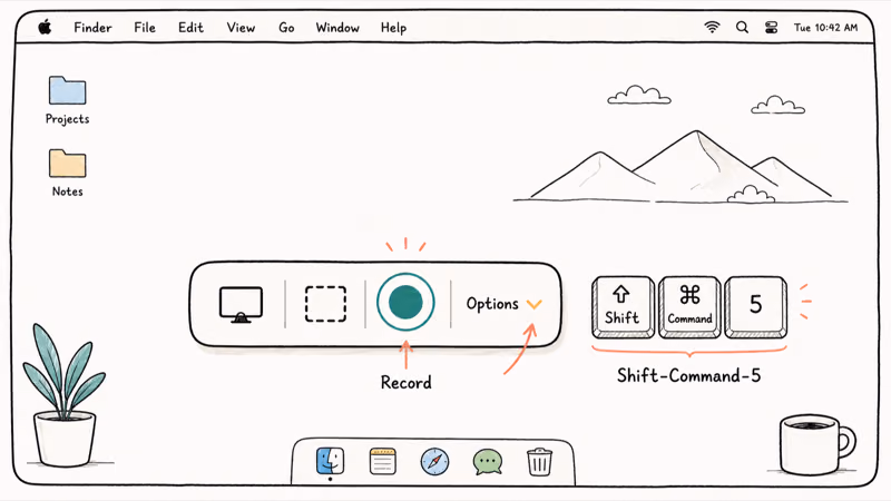 Mac screen recording toolbar showing full screen, region, and record buttons