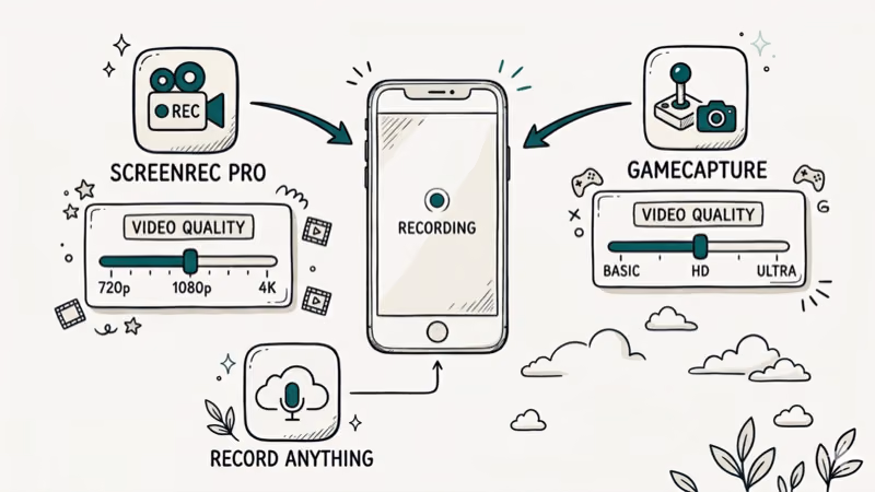 Smartphone with third-party screen recorder app icons showing resolution and frame rate settings options