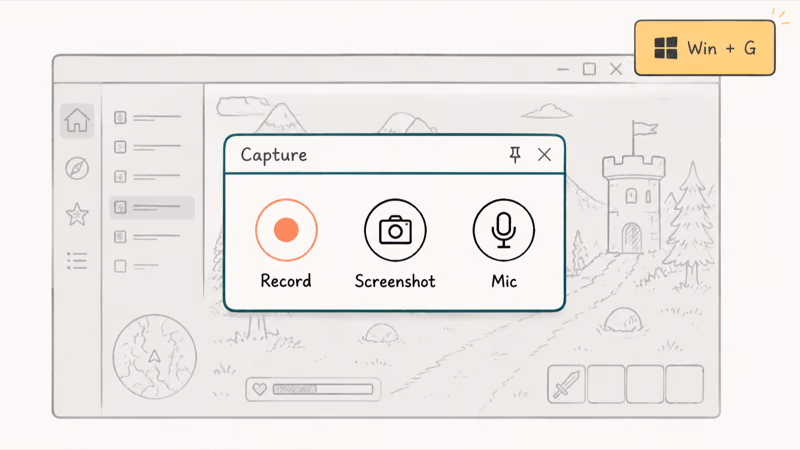 Xbox Game Bar overlay with the Capture widget showing record, screenshot, and microphone controls on Windows 11