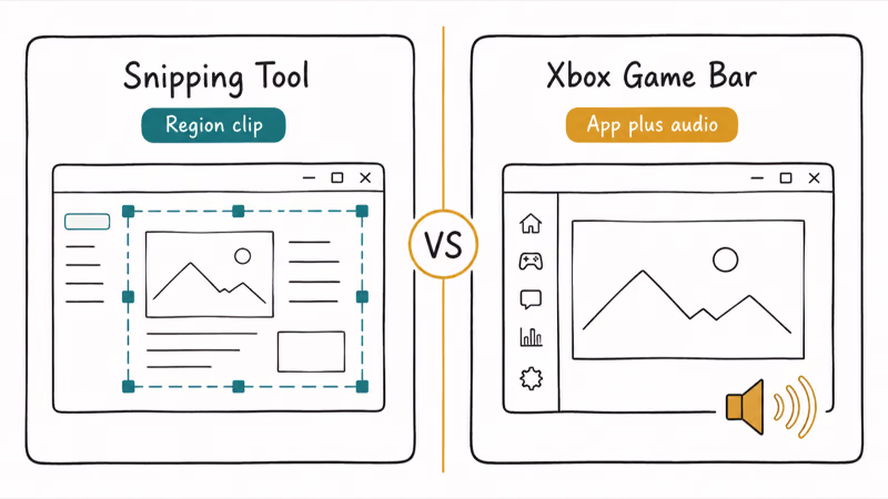 Two panels comparing the Windows 11 Snipping Tool region clip against Xbox Game Bar full app audio capture