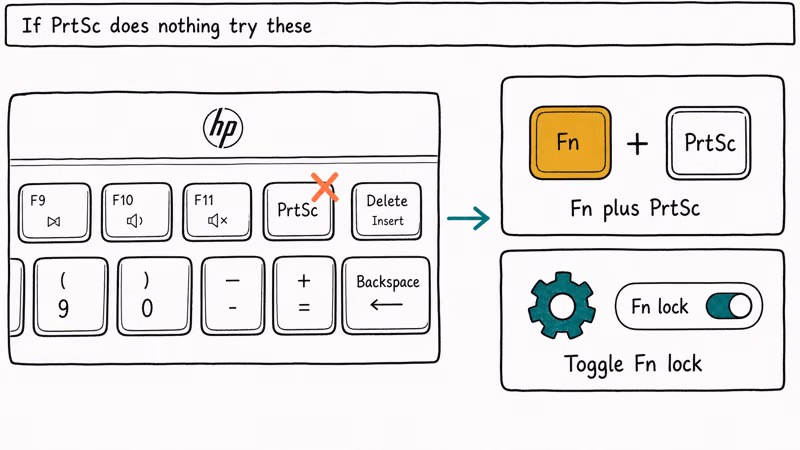 HP keyboard PrtSc key not responding diagram showing Fn plus PrtSc combo and Fn lock toggle recovery options.