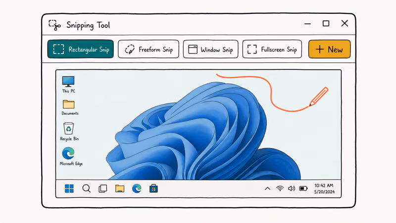 Windows Snipping Tool window with four mode buttons rectangular freeform window fullscreen and New button highlighted.