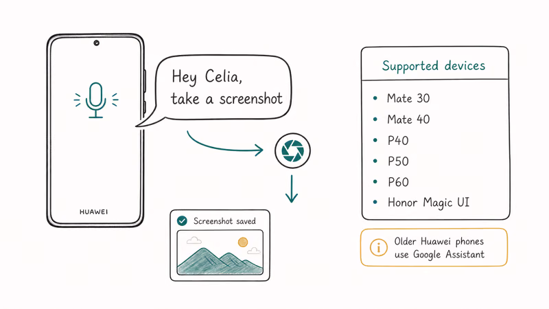 Huawei phone using Celia voice command Hey Celia take a screenshot with supported devices list