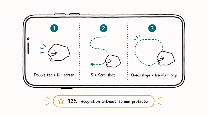 Three Huawei knuckle gestures double tap S shape and closed lasso for different screenshot modes