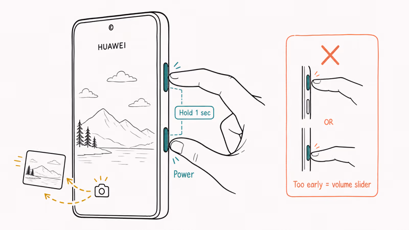 Huawei phone side profile with Power and Volume Down buttons highlighted for screenshot combo