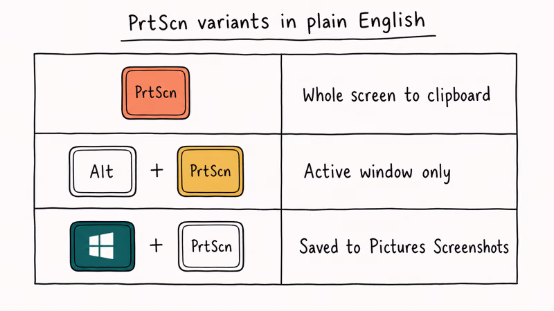 Three row table comparing PrtScn Alt PrtScn and Windows PrtScn key combinations and their capture scope outcomes.