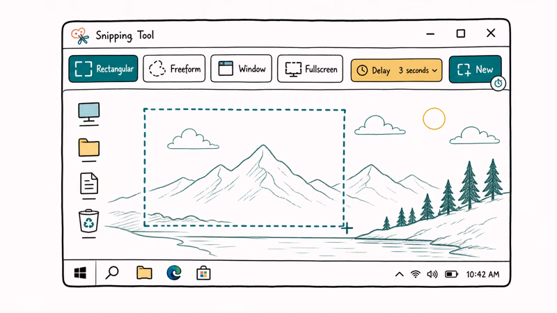 Snipping Tool window showing four mode buttons and delay dropdown set to three seconds with timed New button.