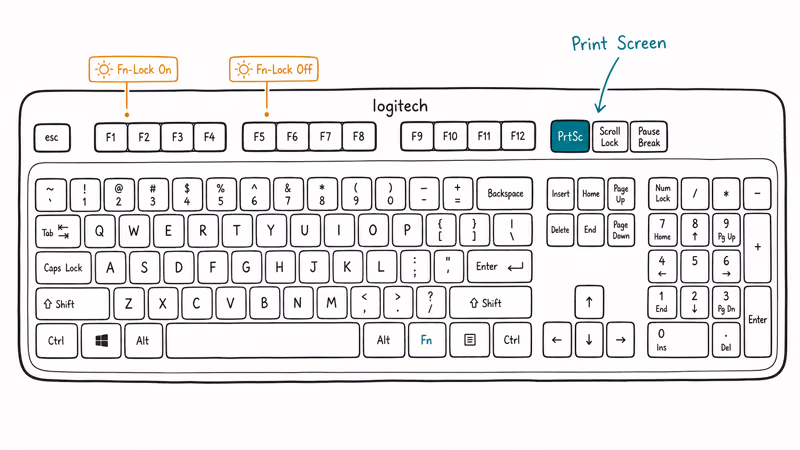 Top-down hand-drawn Logitech keyboard with PrtSc key highlighted teal and Fn-Lock state tags above function row.