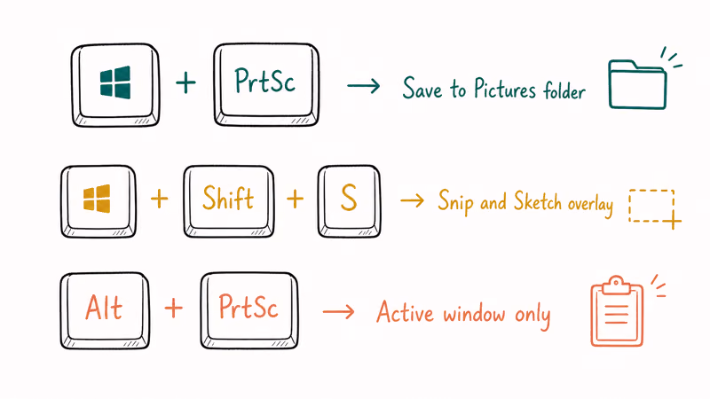 Three hand-drawn keyboard shortcut combos for Windows screenshot with Win, Snip and Sketch, and Alt PrtSc.