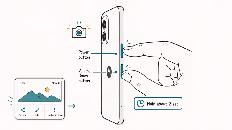 Motorola phone side profile with Power and Volume Down buttons highlighted for 2 second hold