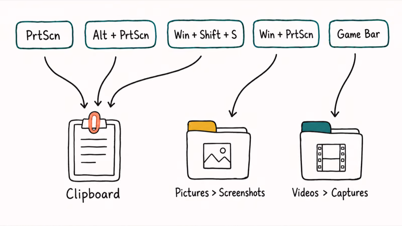 Illustration mapping six Windows screenshot shortcuts to clipboard Pictures and Videos folders
