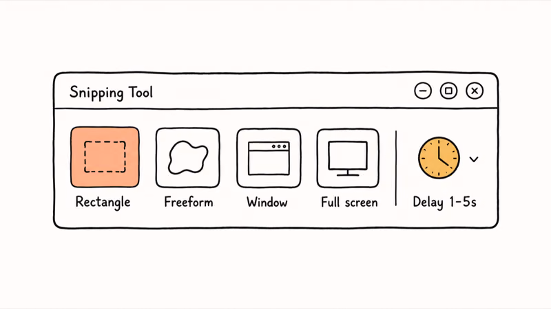 Snipping Tool interface showing four capture modes rectangle freeform window and full screen