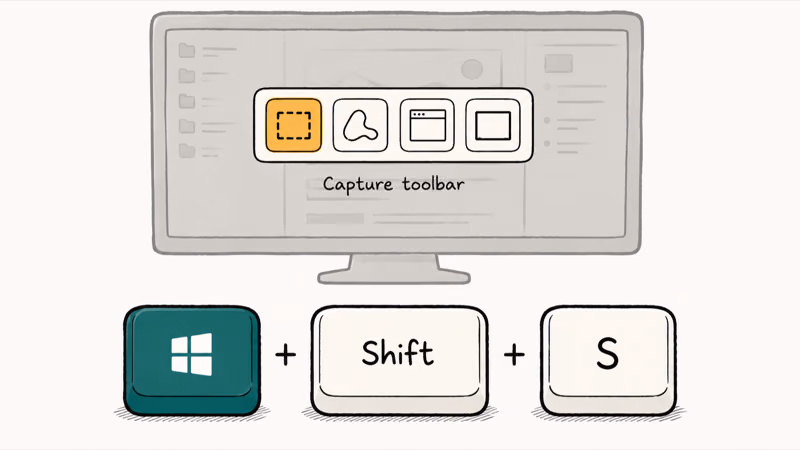 Hand drawn diagram showing Windows plus Shift plus S keyboard combo opening capture toolbar