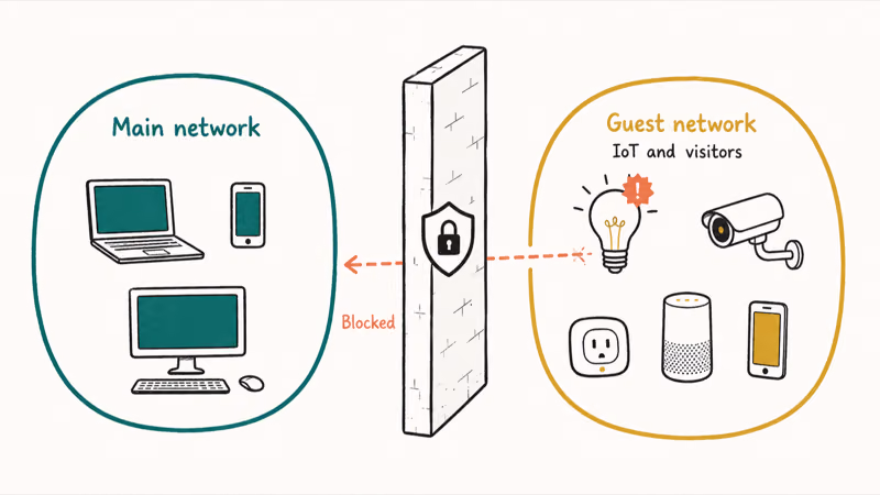 Diagram showing a guest network isolating smart-home devices from main computers and phones at home