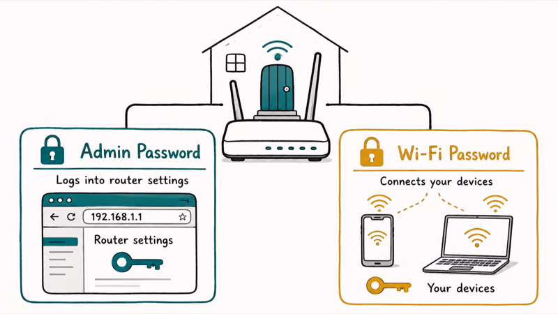 Illustration comparing the router admin password and the Wi-Fi password as two separate keys