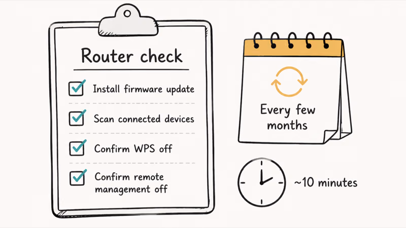 Checklist illustration of recurring home router security tasks to review every few months