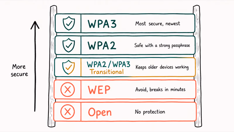 Chart comparing WPA3, WPA2, and WEP Wi-Fi encryption standards from most to least secure