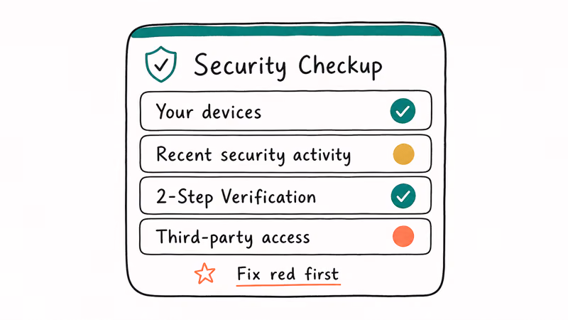 Google Security Checkup screen showing green yellow and red status markers ranked
