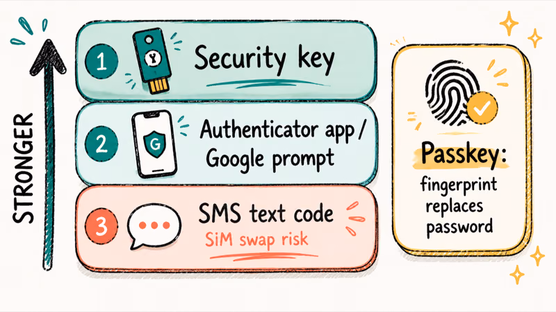 Strength comparison of second factors security key authenticator app prompt above SMS codes