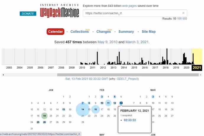 Wayback Machine website browser history