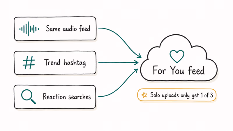 Three Duet discovery channels same audio trend hashtag and reaction search feeding For You