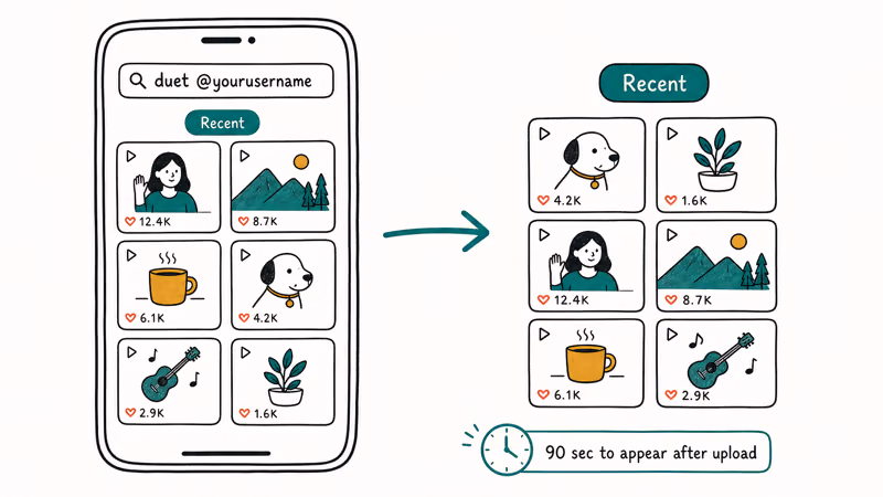TikTok search showing duet at your username with Recent filter and 90 second appearance note
