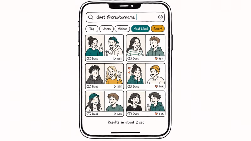 TikTok search bar with duet at creatorname query Most Liked filter and Duet thumbnails grid