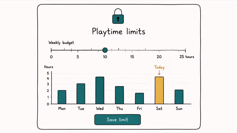 Parental controls panel with weekly time budget slider daily playtime bars and a teal Save limit button