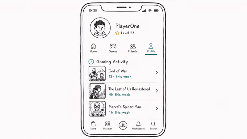 PlayStation App on phone showing Profile tab Gaming Activity with weekly playtime totals listed per game
